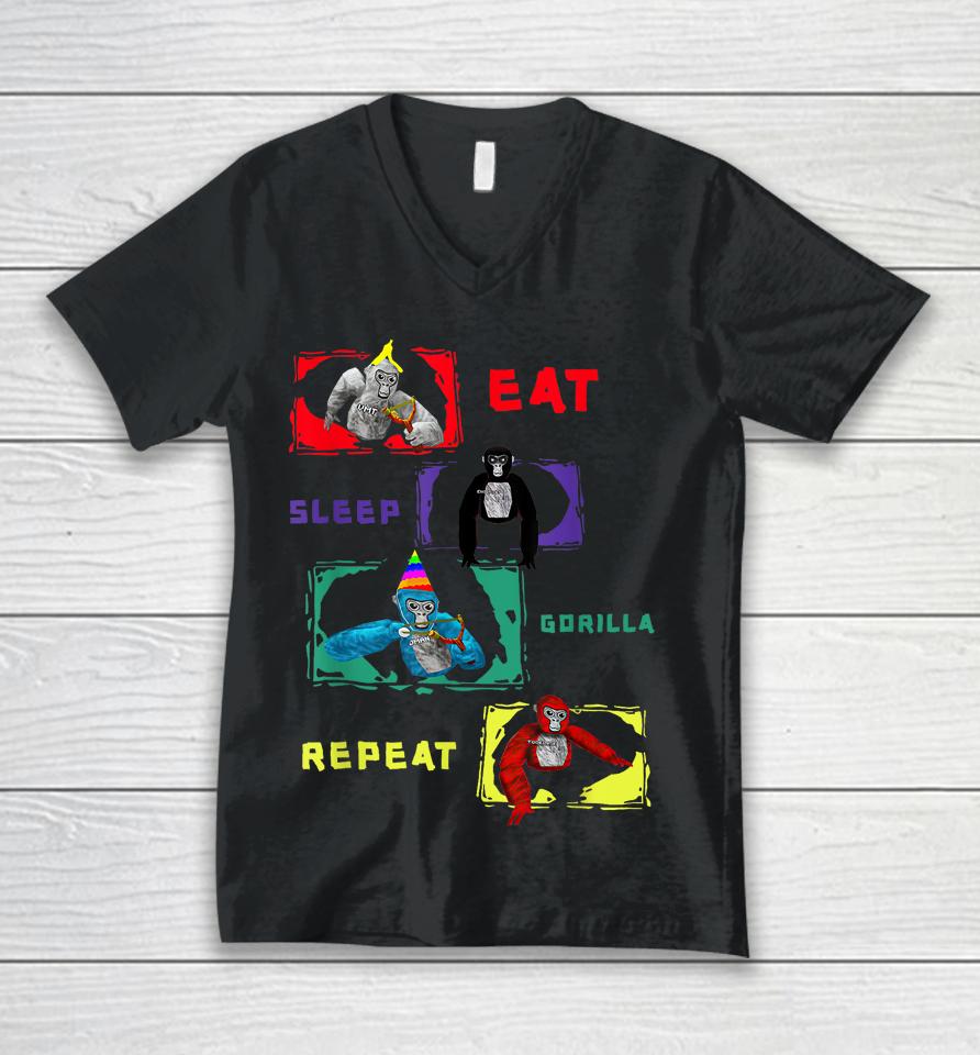 Retro Eat Sleep Gorilla, Monke Tag For Kids, Adults Teens Unisex V-Neck T-Shirt