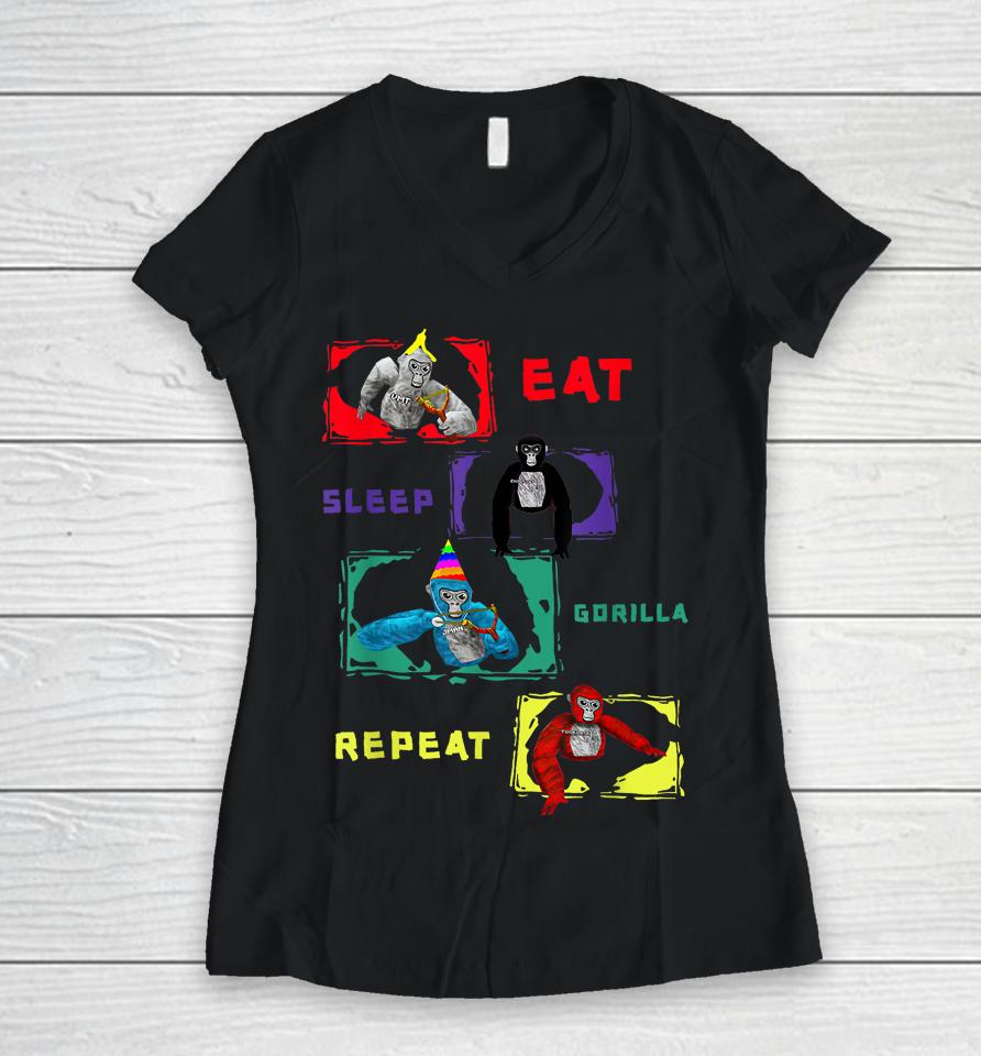 Retro Eat Sleep Gorilla, Monke Tag For Kids, Adults Teens Women V-Neck T-Shirt