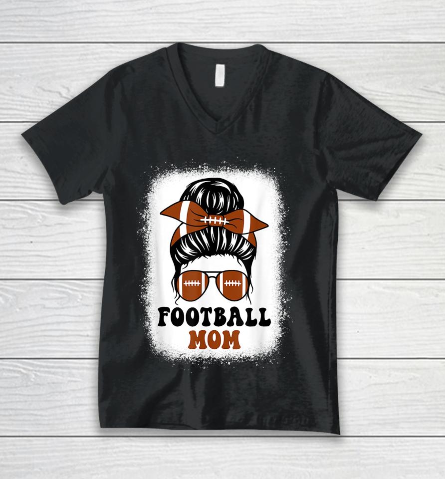 Retro Fantasy Football Mom Life Game Day Bleached Messy Bun Unisex V-Neck T-Shirt