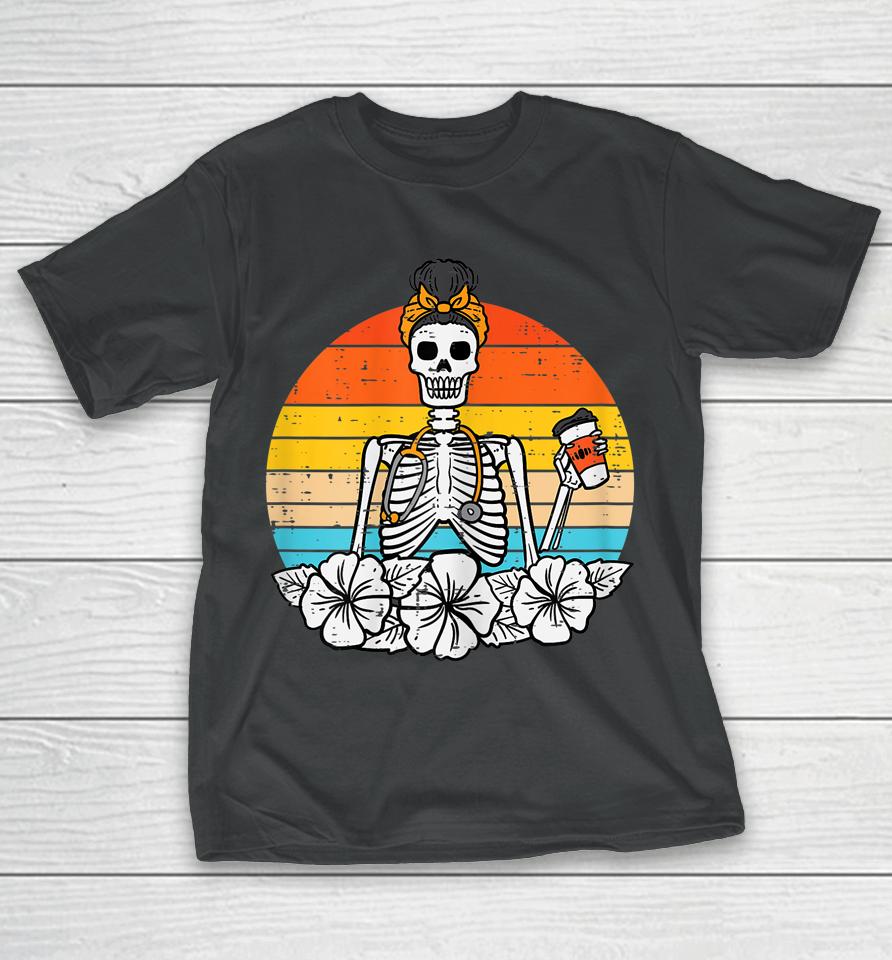 Retro Floral Skeleton Nurse Halloween Scrub Top Fall Women T-Shirt