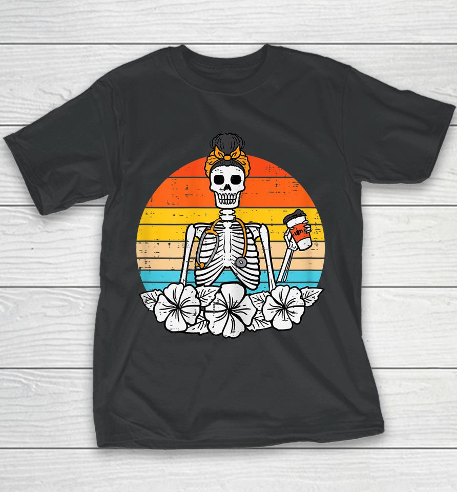 Retro Floral Skeleton Nurse Halloween Scrub Top Fall Women Youth T-Shirt