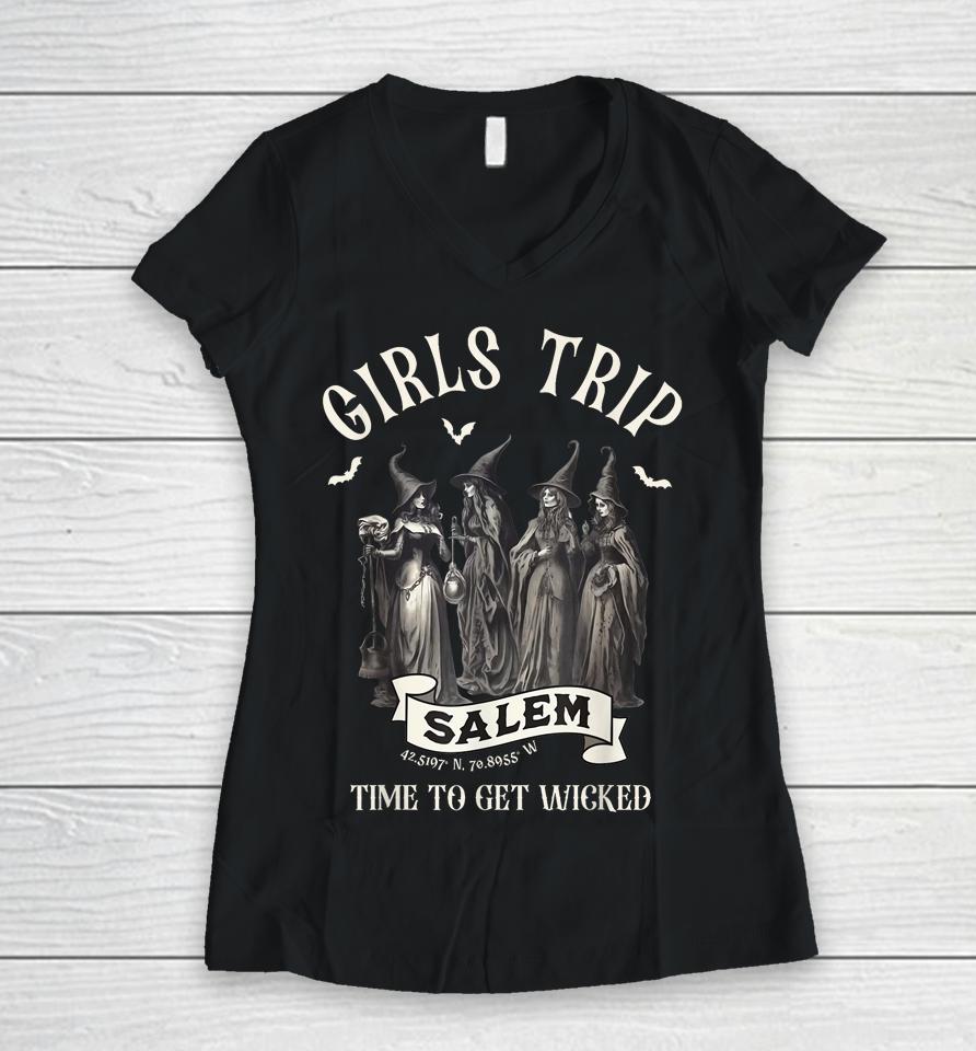 Retro Girls Trip Salem 1692 They Missed One Witch Halloween Women V-Neck T-Shirt