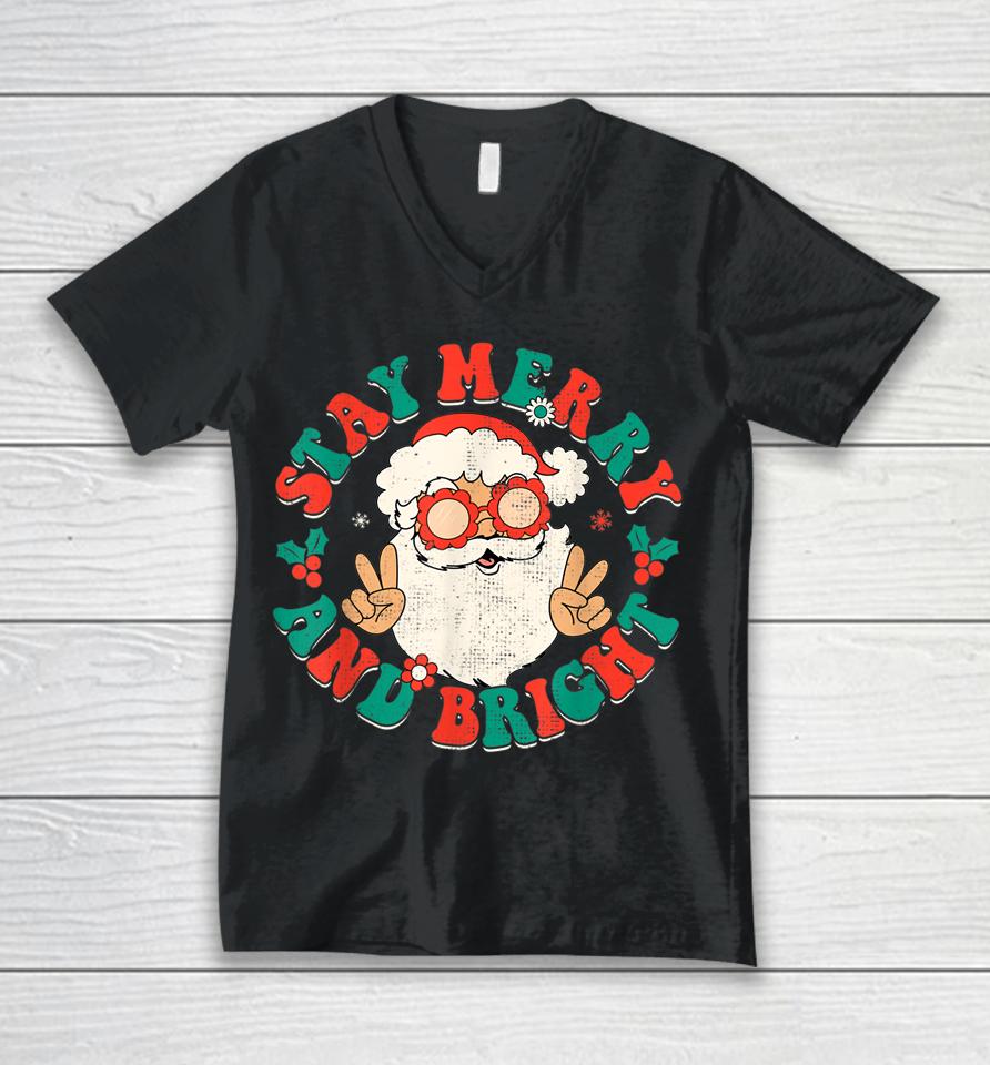 Retro Groovy Christmas Merry Stay Bright Hippie Santa Peace Unisex V-Neck T-Shirt