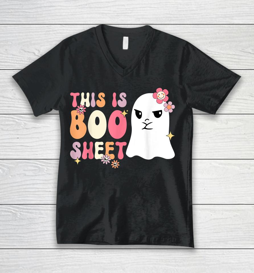 Retro Groovy Cute Ghost Spooky Halloween This Is Boo Sheet Unisex V-Neck T-Shirt