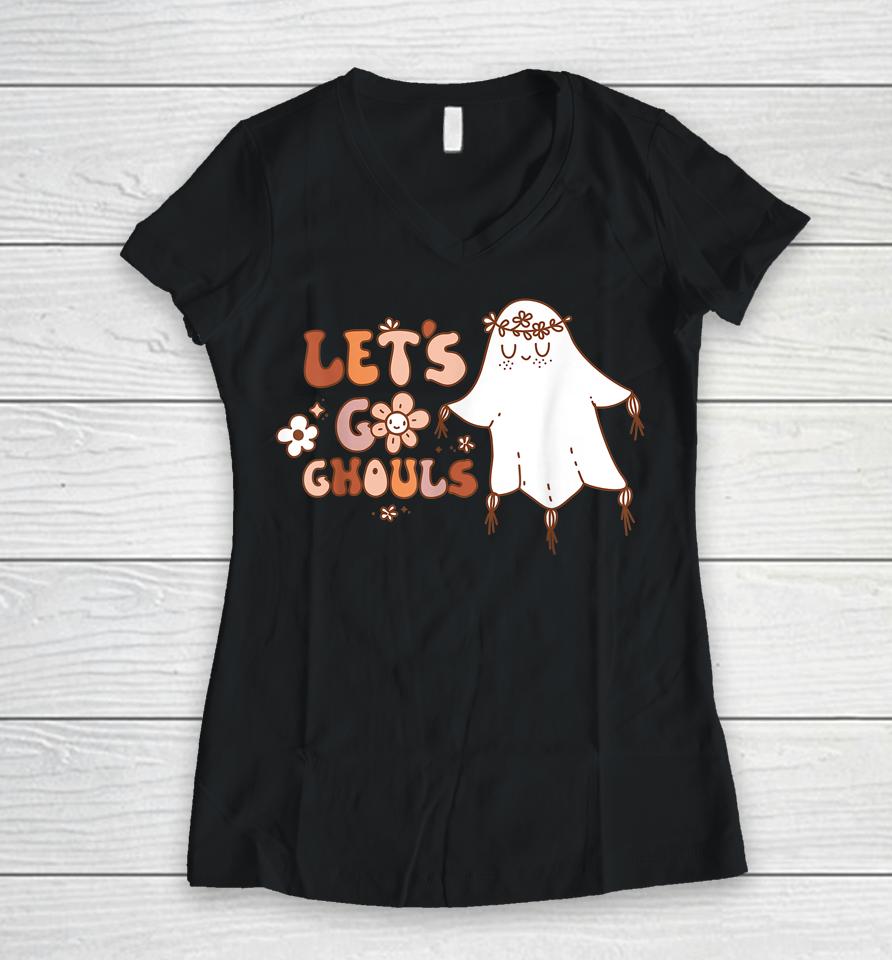 Retro Groovy Let's Go Ghouls Halloween Ghost Outfit Costumes Women V-Neck T-Shirt
