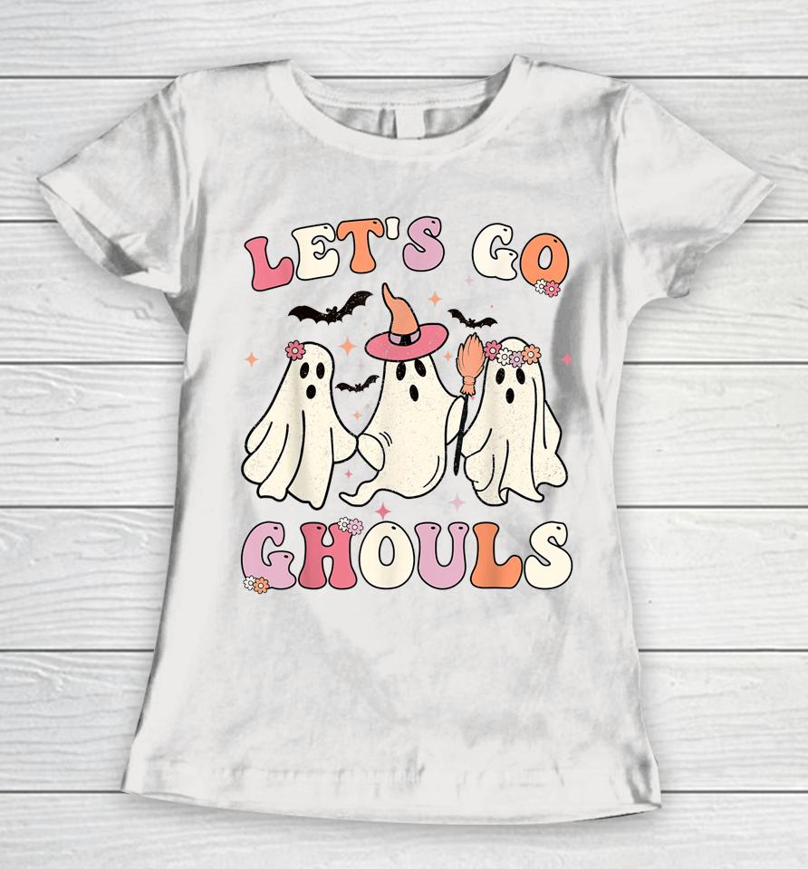 Retro Groovy Let's Go Ghouls Halloween Ghost Women T-Shirt
