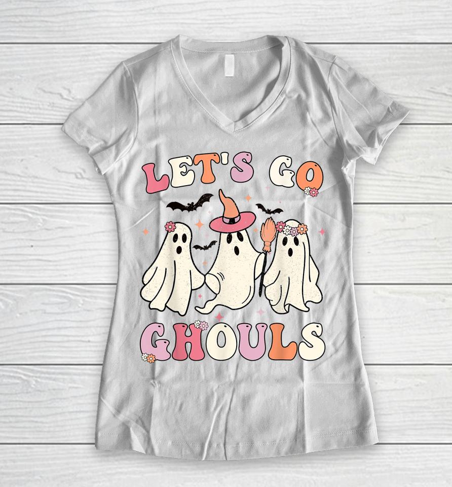 Retro Groovy Let's Go Ghouls Halloween Ghost Women V-Neck T-Shirt