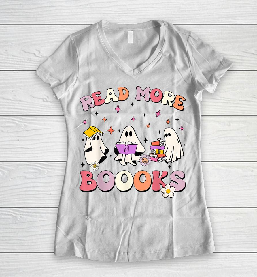 Retro Groovy Read More Books Ghost Boo Ghoul Funny Halloween Women V-Neck T-Shirt