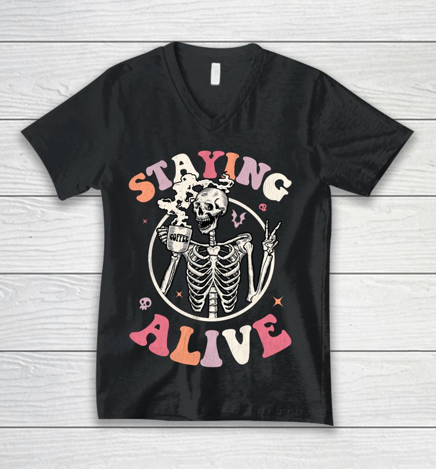 Retro Groovy Skeleton Staying Alive Coffee Halloween Hippie Unisex V-Neck T-Shirt
