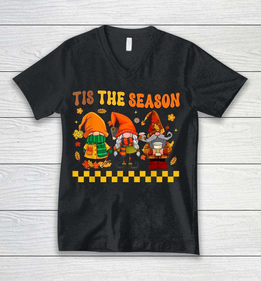 Retro Groovy Tis The Season Fall Gnomes Hippie Thanksgiving Unisex V-Neck T-Shirt