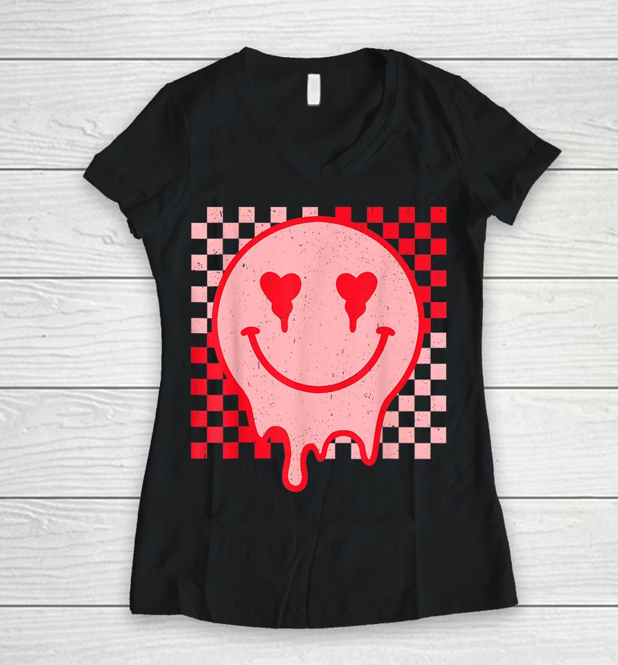 Retro Groovy Valentines Day Hippie Heart Funny Matching Women V-Neck T-Shirt