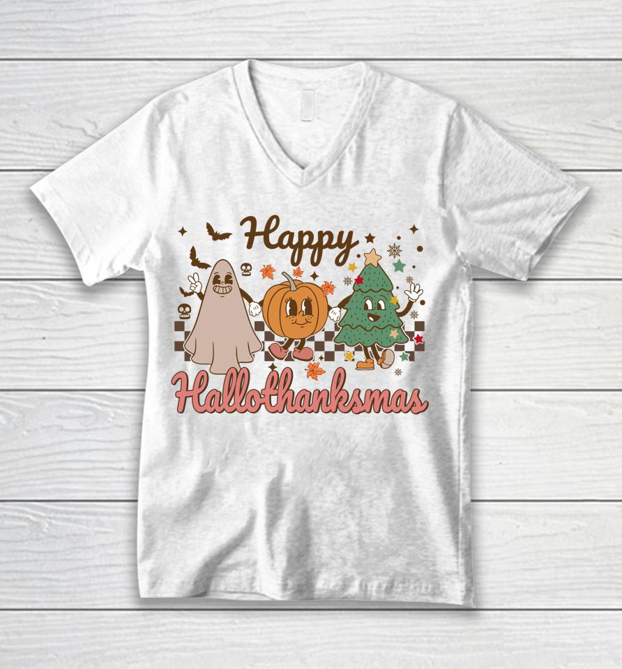 Retro Hallothanksmas Halloween Thanksgiving Christmas Unisex V-Neck T-Shirt