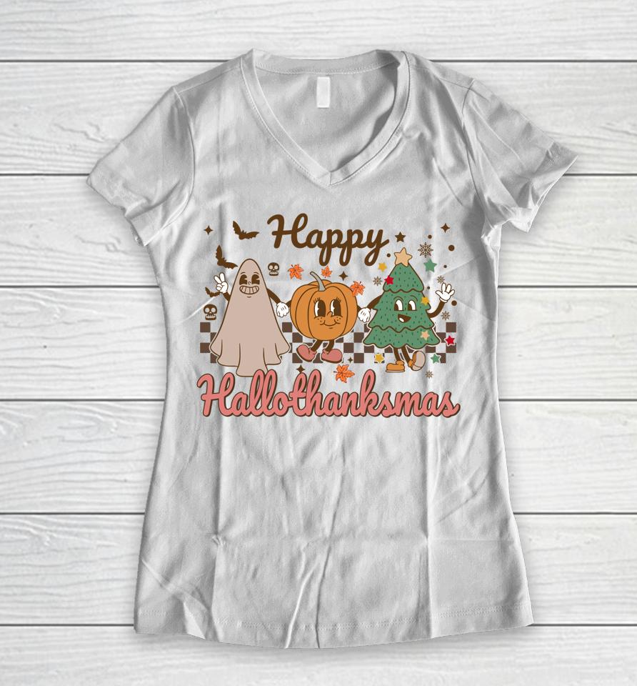 Retro Hallothanksmas Halloween Thanksgiving Christmas Women V-Neck T-Shirt