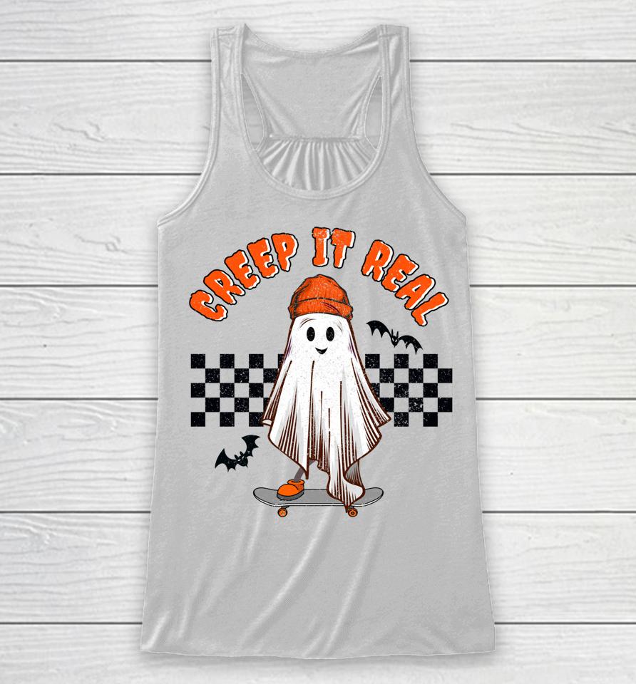 Retro Halloween Creep It Real Vintage Ghost Halloween Skater Racerback Tank
