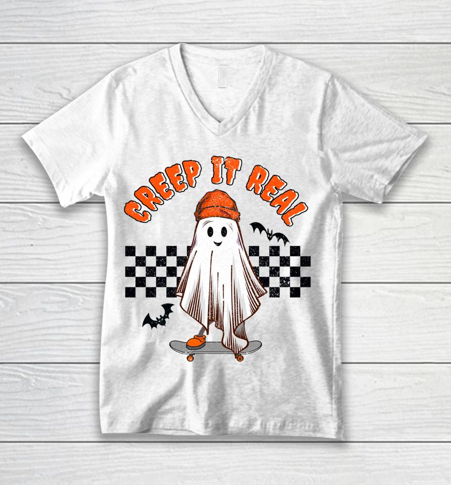 Retro Halloween Creep It Real Vintage Ghost Halloween Skater Unisex V-Neck T-Shirt