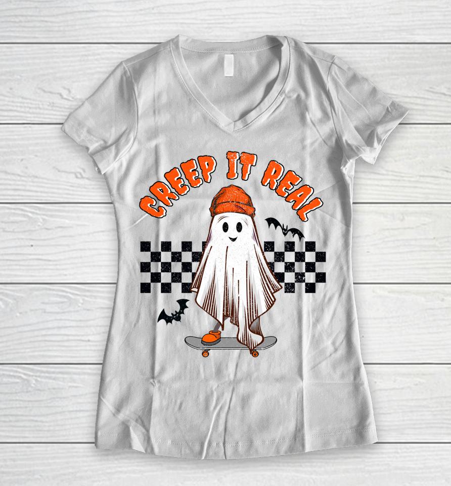 Retro Halloween Creep It Real Vintage Ghost Halloween Skater Women V-Neck T-Shirt