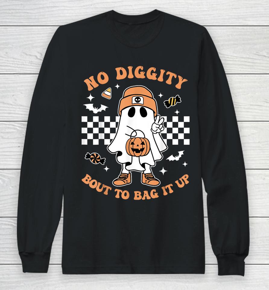 Retro Halloween Kids No Diggity Bout To Bag It Up Ghost Long Sleeve T-Shirt