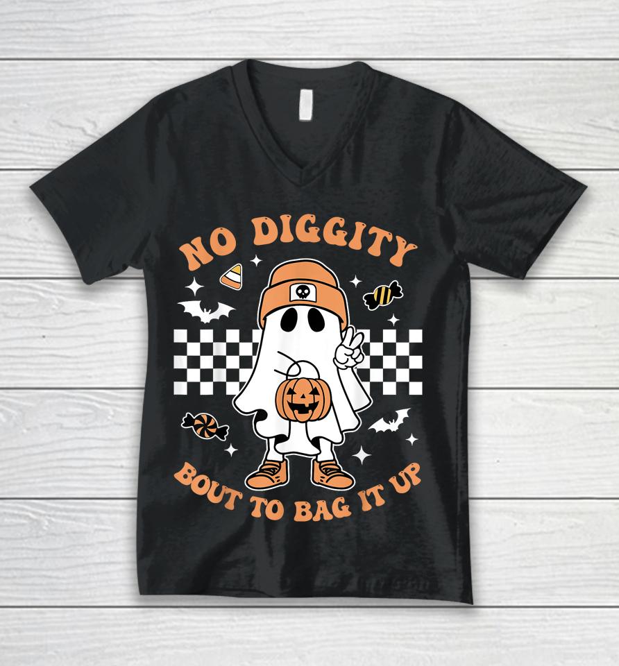 Retro Halloween Kids No Diggity Bout To Bag It Up Ghost Unisex V-Neck T-Shirt