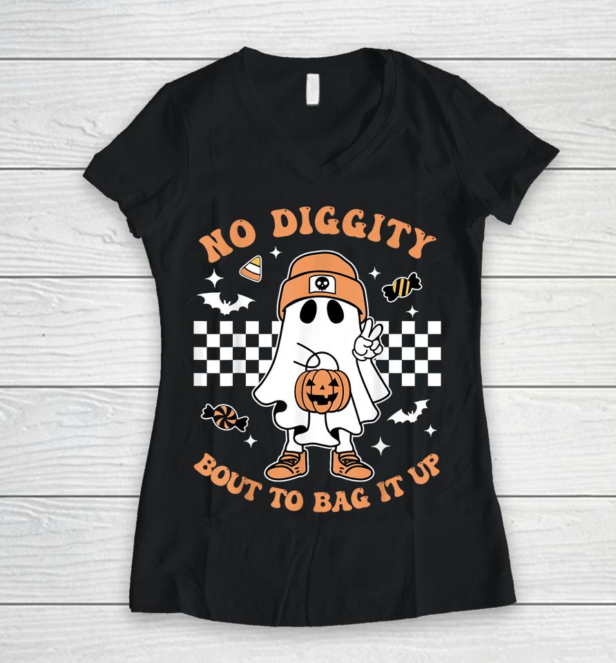Retro Halloween Kids No Diggity Bout To Bag It Up Ghost Women V-Neck T-Shirt