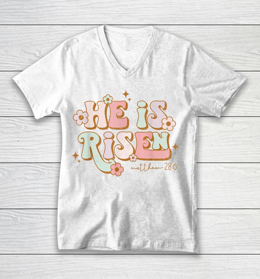 Retro He Is Risen Easter Day Christian Faith Unisex V-Neck T-Shirt