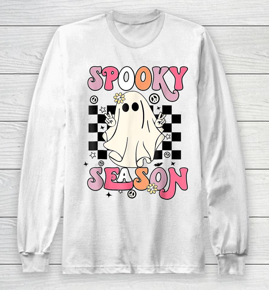 Retro Hippie Halloween Cute Ghost Spooky Season Funny Gifts Long Sleeve T-Shirt