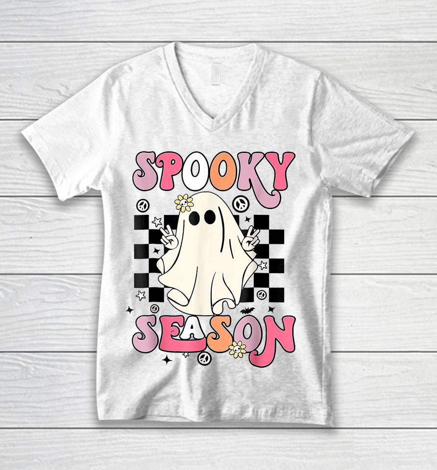 Retro Hippie Halloween Cute Ghost Spooky Season Funny Gifts Unisex V-Neck T-Shirt