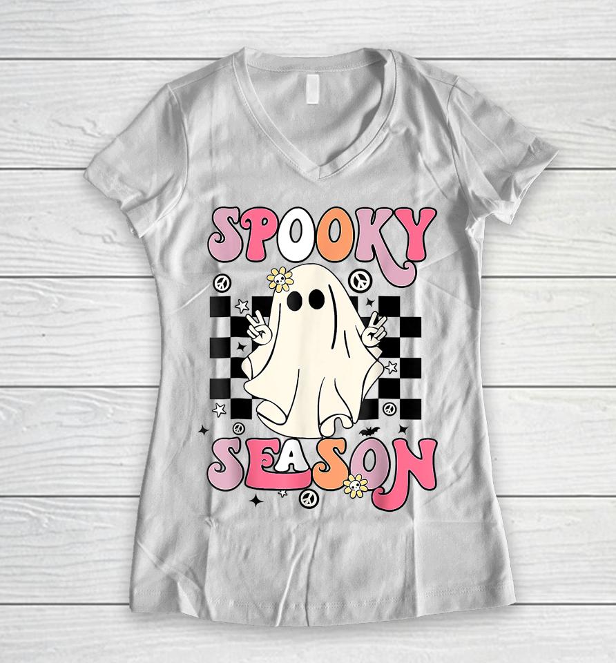 Retro Hippie Halloween Cute Ghost Spooky Season Funny Gifts Women V-Neck T-Shirt
