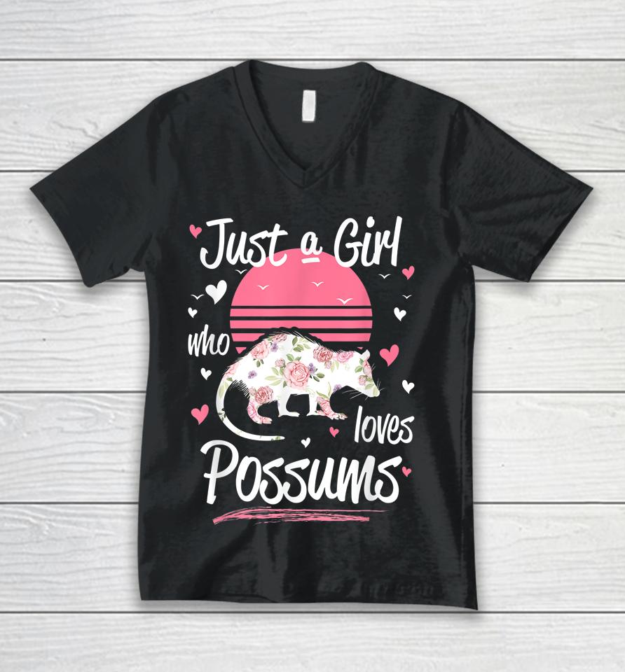 Retro Just A Girl Who Loves Possums Animal Floral Opossum Unisex V-Neck T-Shirt