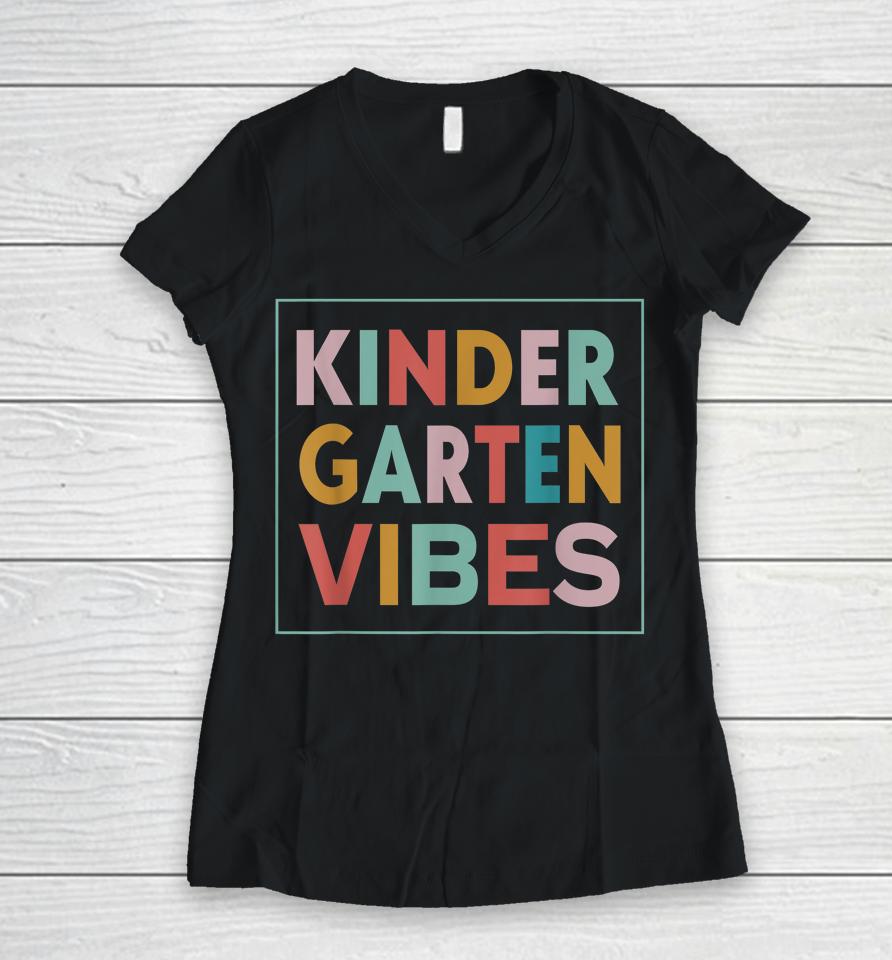 Retro Kindergarten Vibes First Day Back To School Teacher Women V-Neck T-Shirt