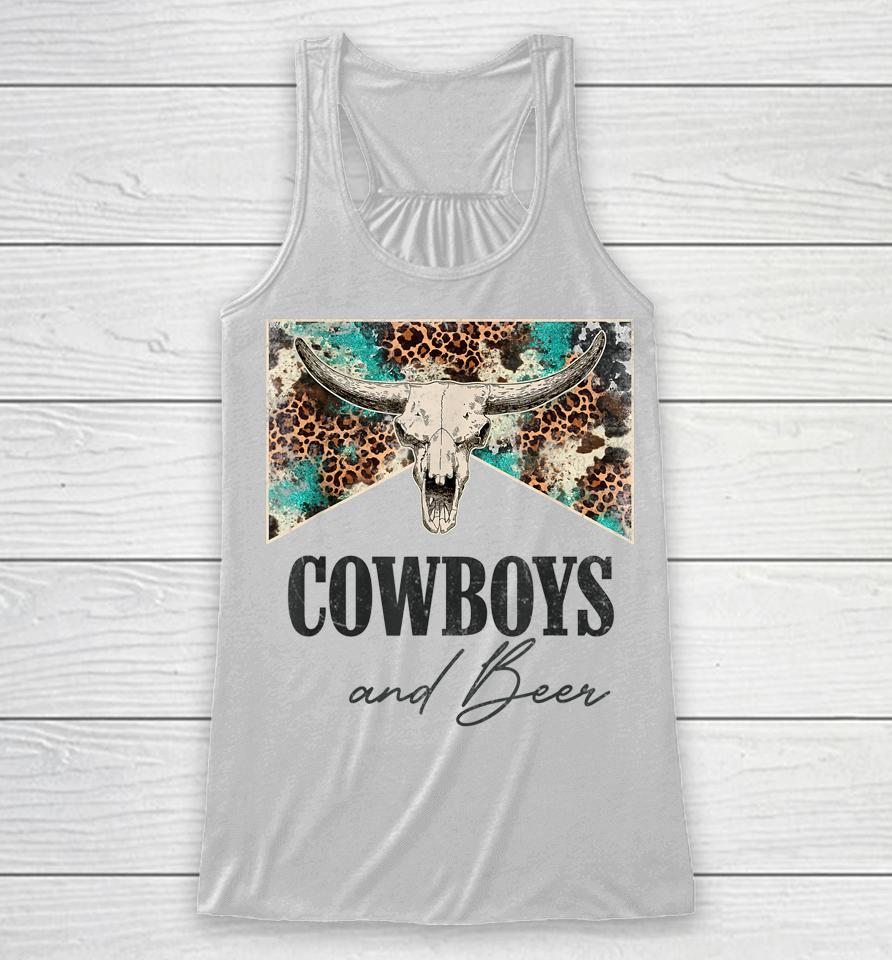 Retro Leopard Western Life Country Bull Skull Cowboys &Amp; Beer Racerback Tank