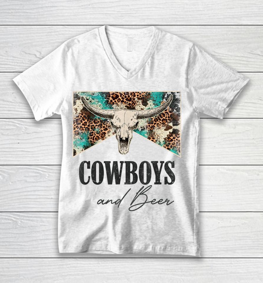 Retro Leopard Western Life Country Bull Skull Cowboys &Amp; Beer Unisex V-Neck T-Shirt