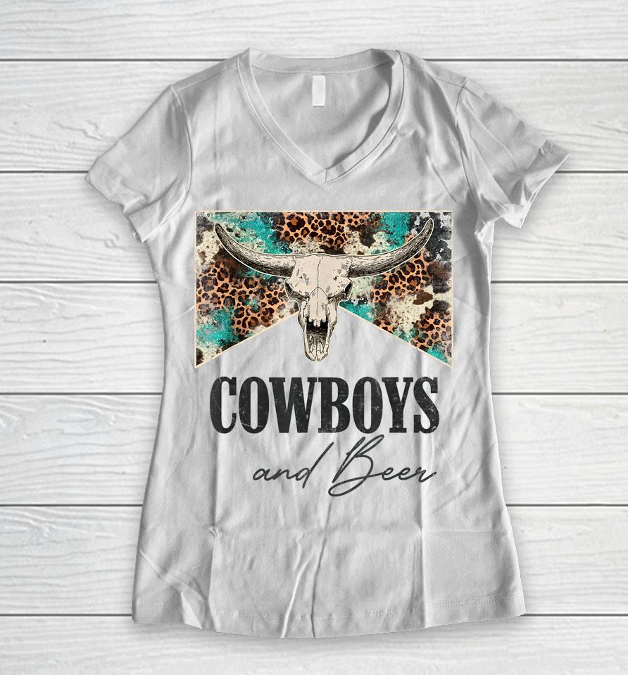 Retro Leopard Western Life Country Bull Skull Cowboys &Amp; Beer Women V-Neck T-Shirt