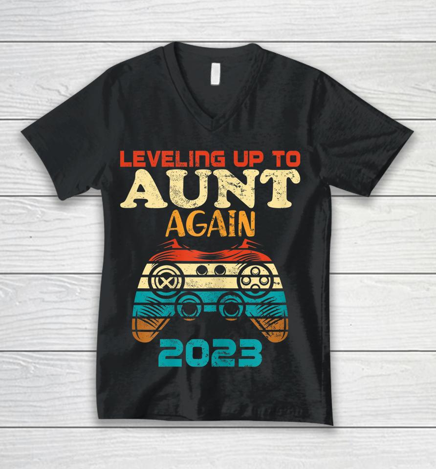 Retro Leveling Up To Aunt Again 2023 Promoted To Aunt Unisex V-Neck T-Shirt