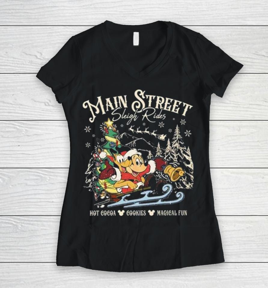 Retro Main Street Sleigh Rides Merry Christmas Women V-Neck T-Shirt
