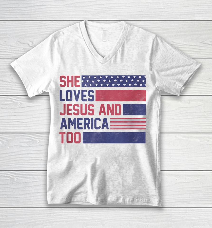 Retro She Loves Jesus And America Too 4Th Of July Usa Flag Unisex V-Neck T-Shirt