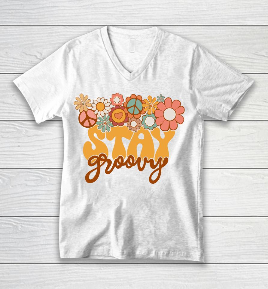 Retro Sunflower Hippie Stay Groovy Positive Mind Happy Life Unisex V-Neck T-Shirt