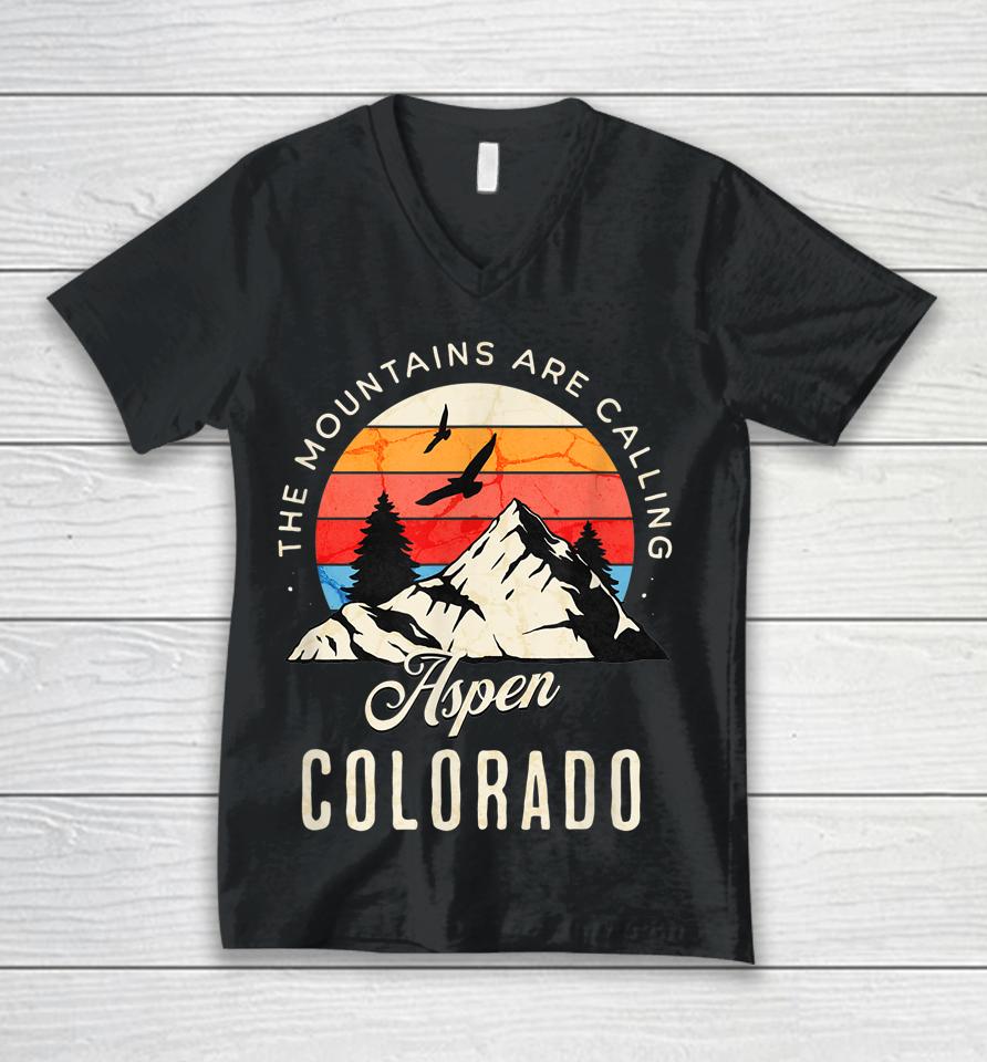 Retro The Mountains Are Calling Aspen Colorado Birds Unisex V-Neck T-Shirt