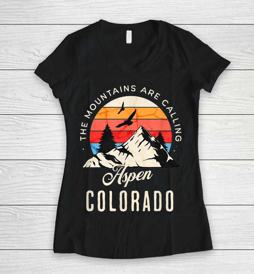 Retro The Mountains Are Calling Aspen Colorado Birds Women V-Neck T-Shirt