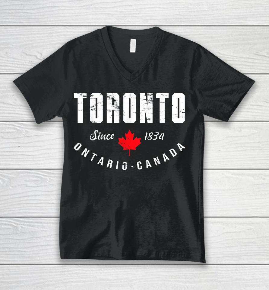 Retro Toronto Ontario 1834 Pride Canadian Maple Leaf Canada Unisex V-Neck T-Shirt
