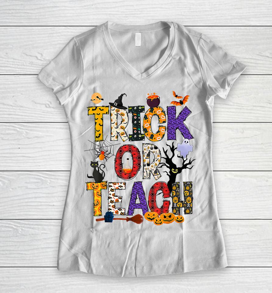 Retro Trick Or Teach Teacher Halloween Costume Women V-Neck T-Shirt