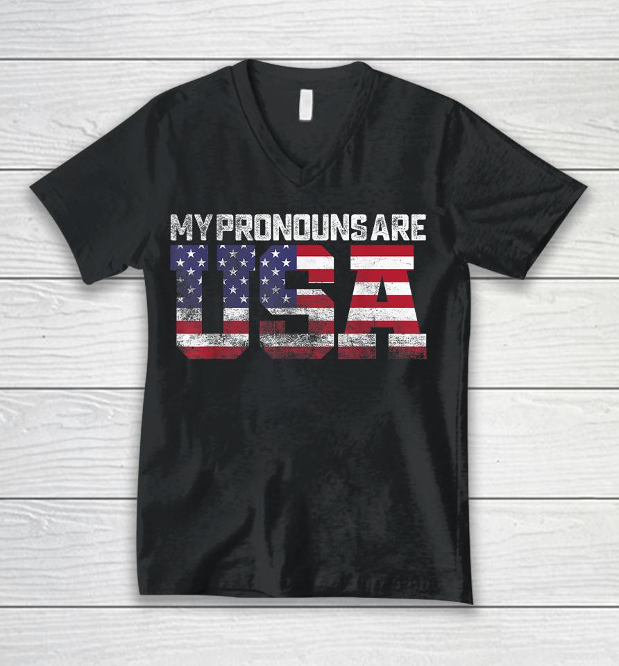 Retro Usa Flag Patriotic 4Th Of July My Pronouns Are Usa Unisex V-Neck T-Shirt