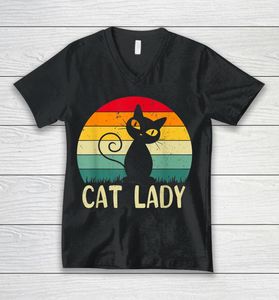 Retro Vintage Cat Lady Funny Cat Meow For Men Women Love Cat Unisex V-Neck T-Shirt