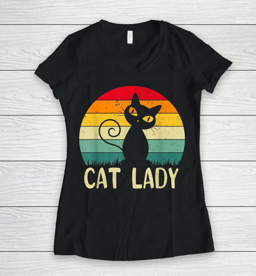 Retro Vintage Cat Lady Funny Cat Meow For Men Women Love Cat Women V-Neck T-Shirt