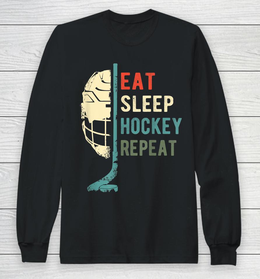 Retro Vintage Eat Sleep Hockey Repeat Long Sleeve T-Shirt