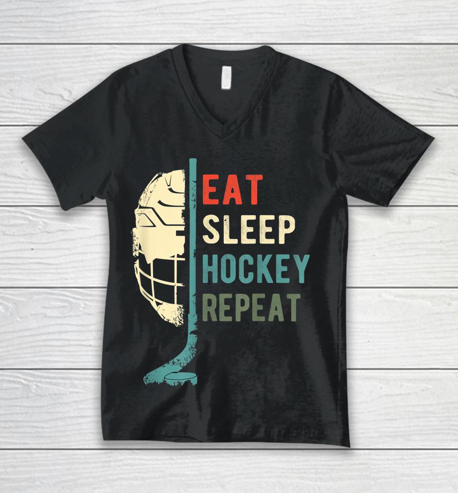 Retro Vintage Eat Sleep Hockey Repeat Unisex V-Neck T-Shirt