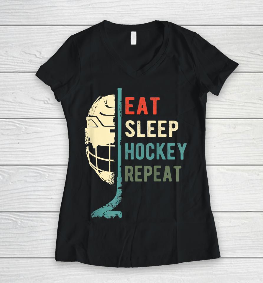 Retro Vintage Eat Sleep Hockey Repeat Women V-Neck T-Shirt