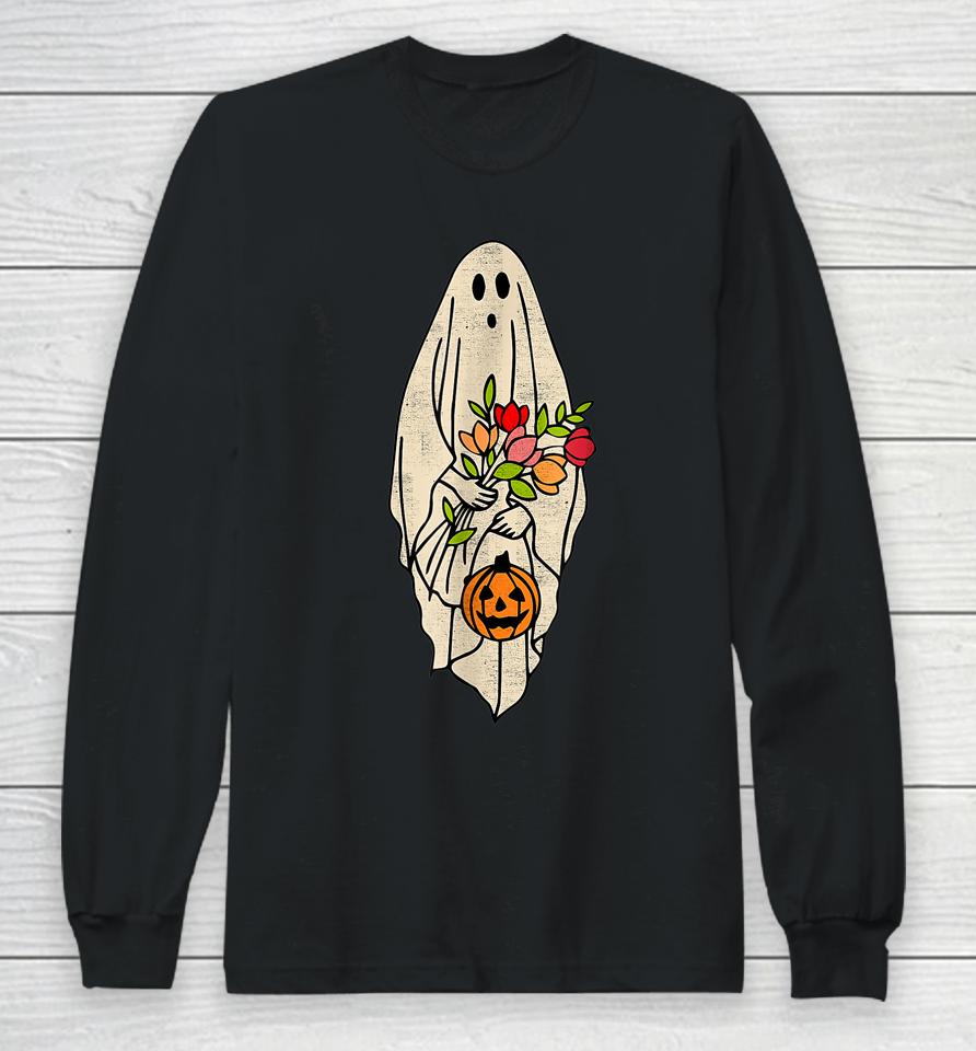 Retro Vintage Gnoovy Halloween Flower Ghost Pumpkin Sketch Long Sleeve T-Shirt