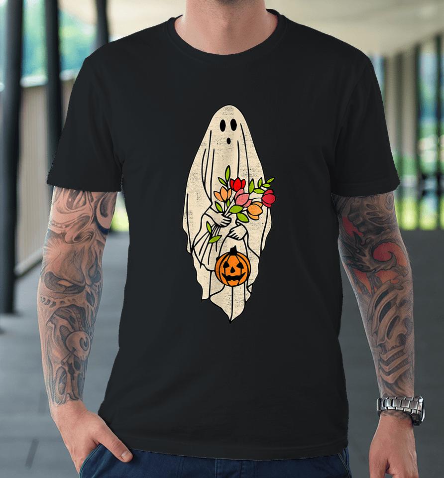 Retro Vintage Gnoovy Halloween Flower Ghost Pumpkin Sketch Premium T-Shirt