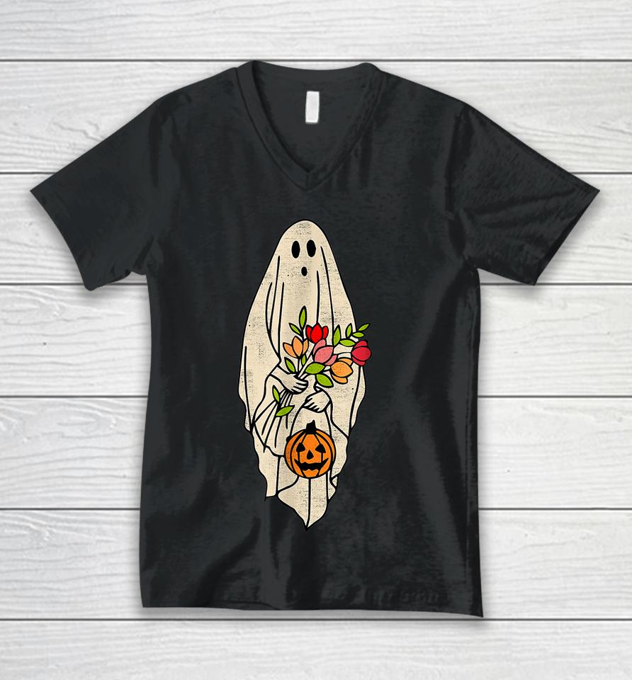 Retro Vintage Gnoovy Halloween Flower Ghost Pumpkin Sketch Unisex V-Neck T-Shirt