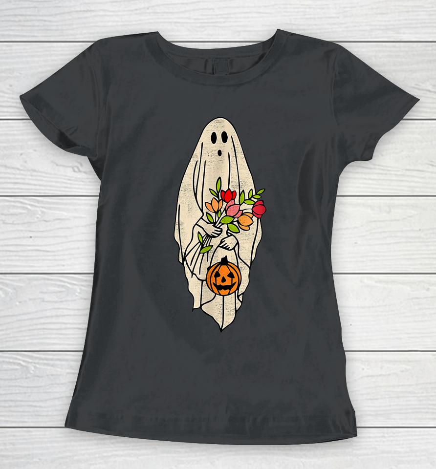 Retro Vintage Gnoovy Halloween Flower Ghost Pumpkin Sketch Women T-Shirt